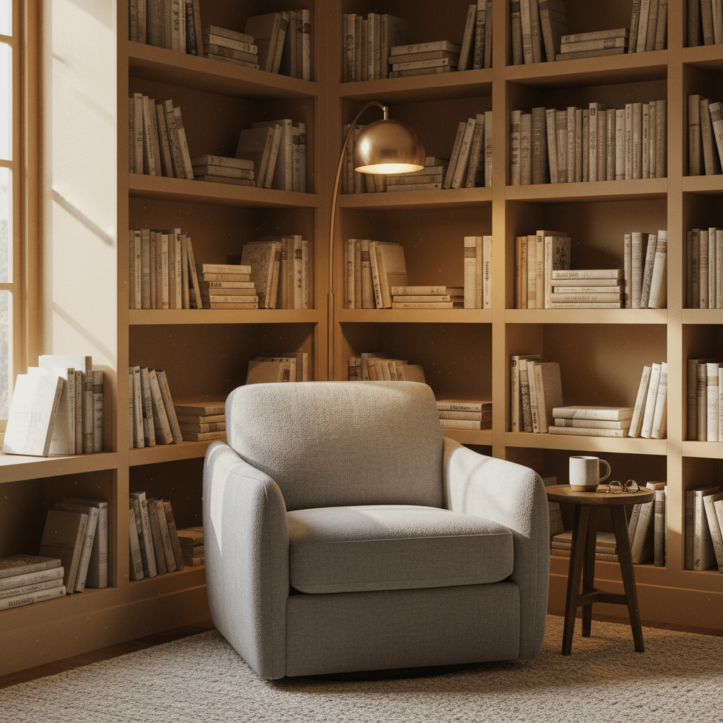 Cozy reading nook with tan walls, gray boucle armchair, and floor-to-ceiling books.