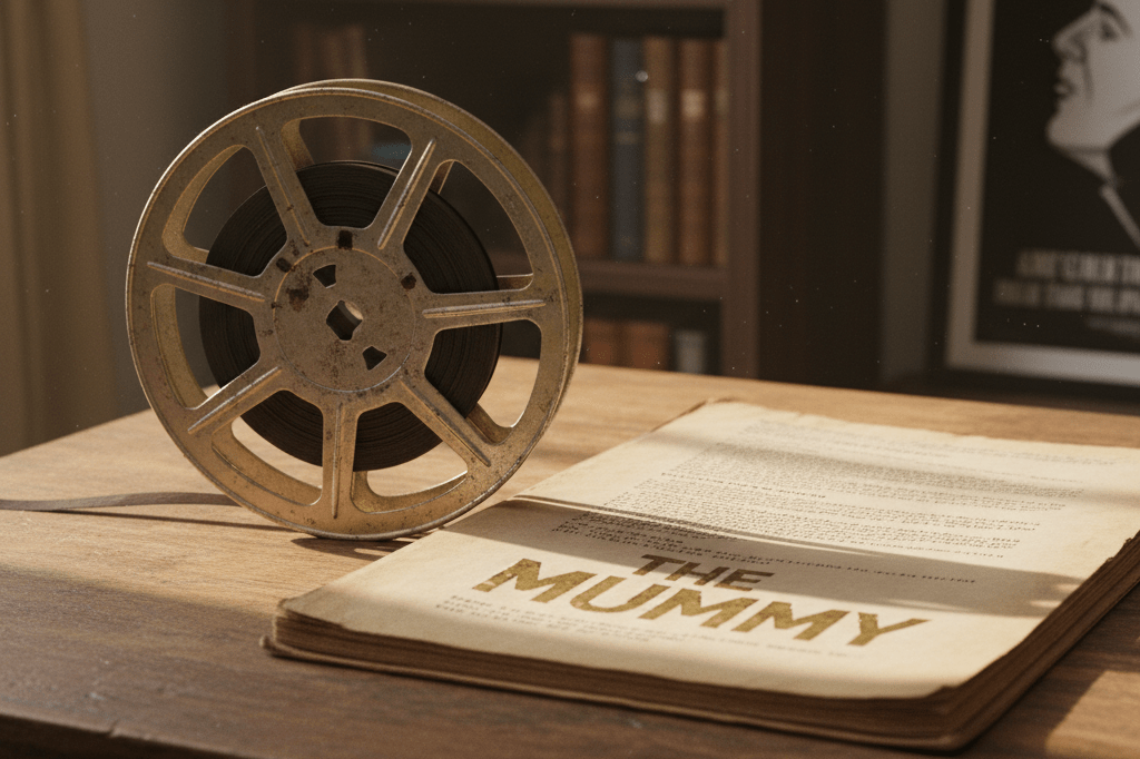 Medium shot of a vintage film reel and old script binder on a wooden desk in warm natural light, no people or branding visible