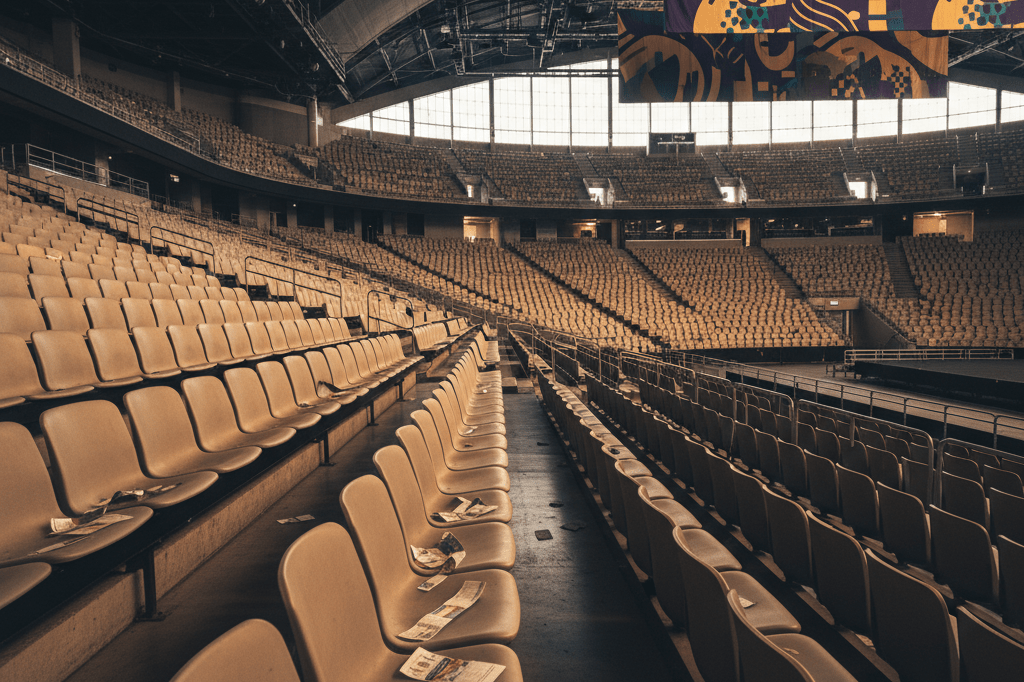 Wide-angle view of vacant arena seats under warm lighting with hints of upcoming entertainment