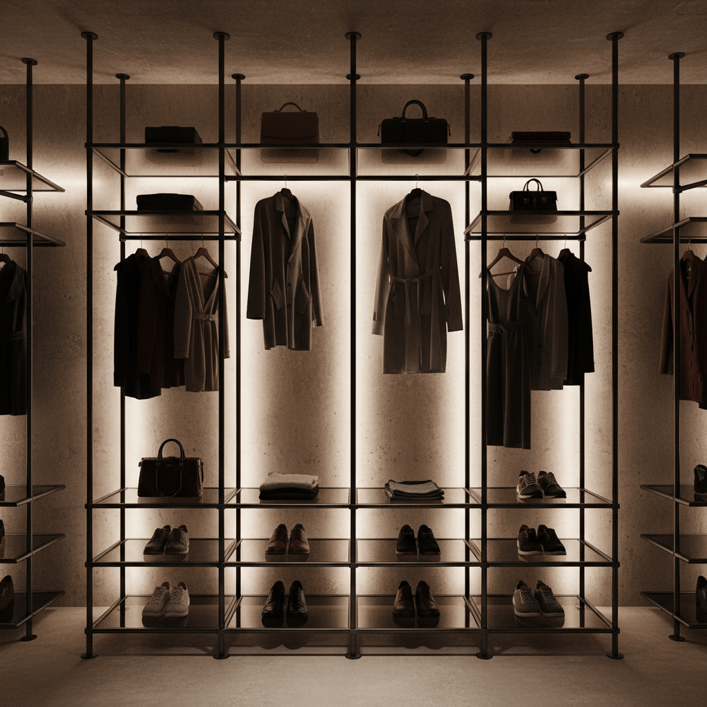 Sophisticated industrial organizer with matte black pipes and smoked glass platforms.