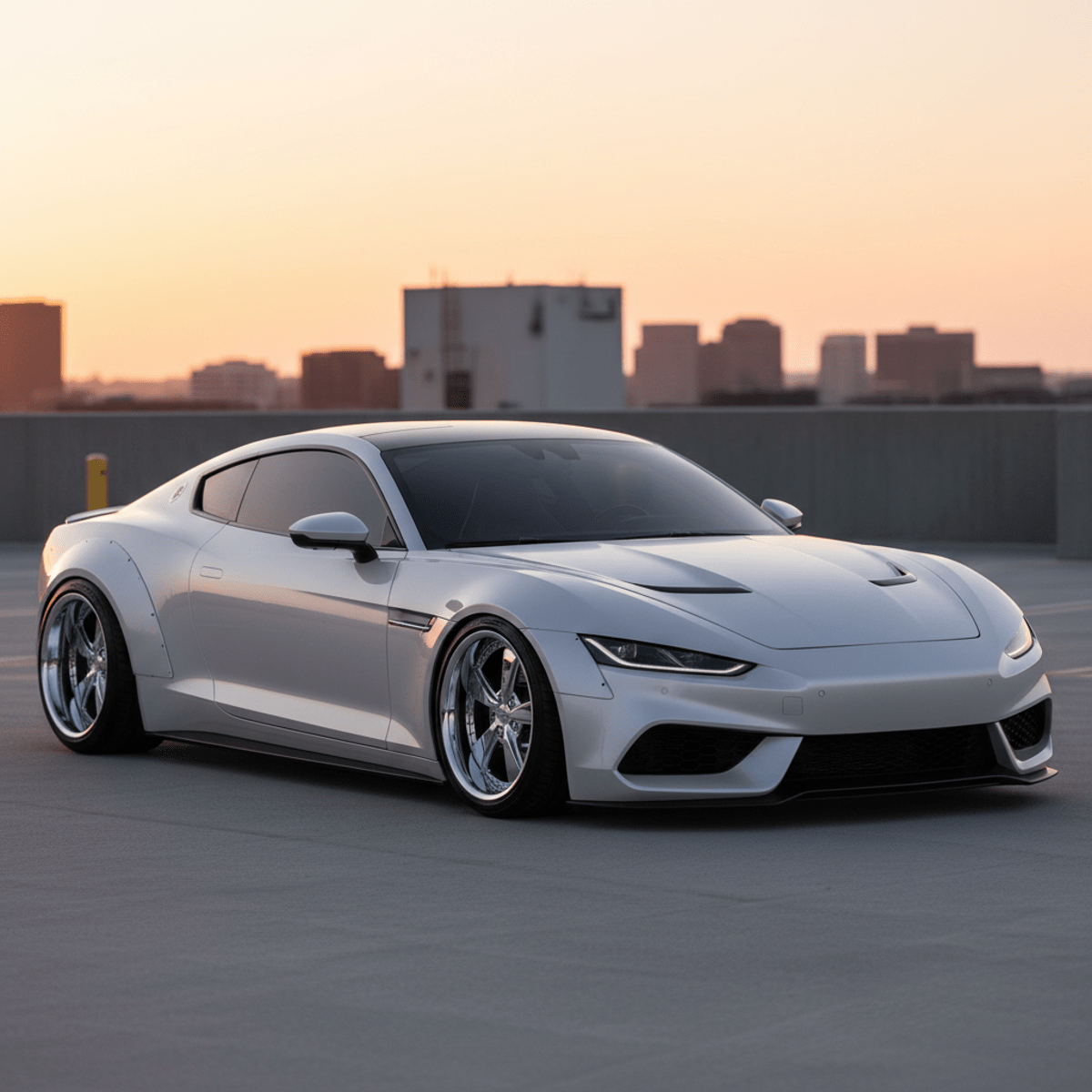 Luxury sports coupe in pearl white, gleaming on a rooftop at golden hour.