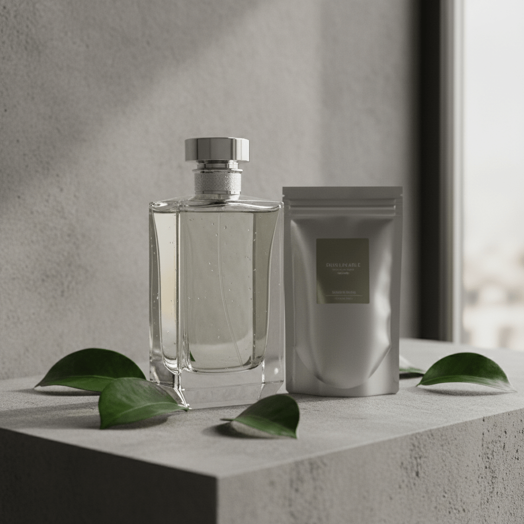 Sustainable luxury cologne bottle with refill pouch on concrete vanity.