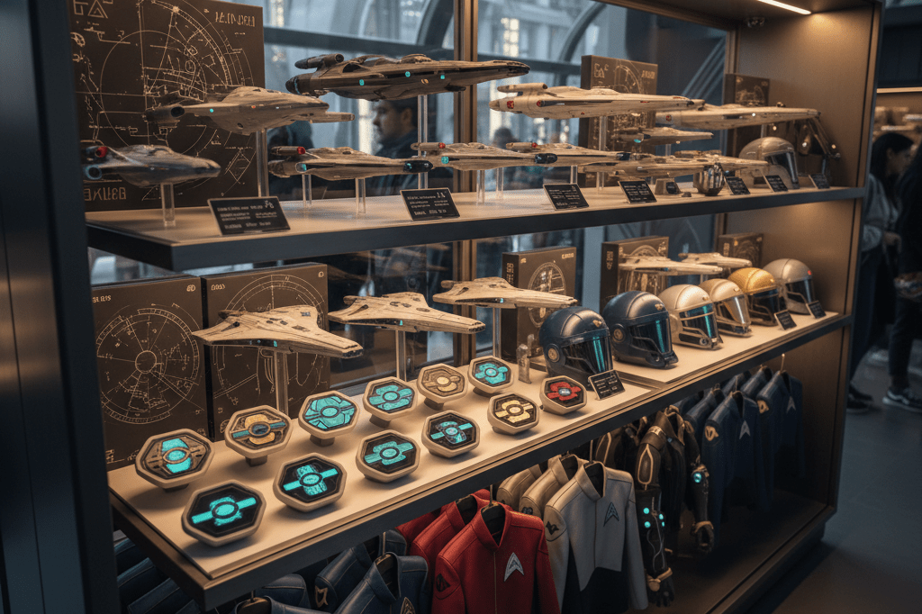 Shelf filled with premium sci-fi themed products under ambient store lighting, representing optimal inventory positioning during entertainment transitions