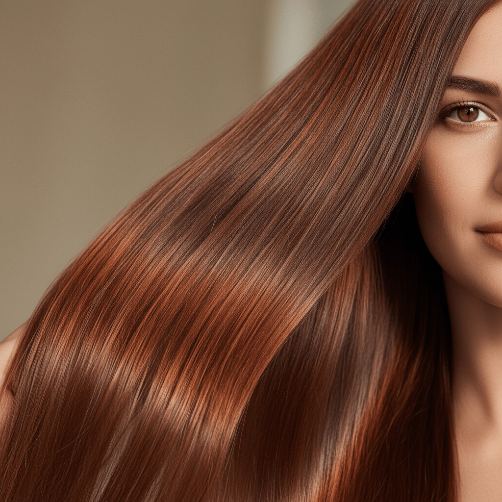 Woman with long, flowing copper and auburn hair with a mirror-like glass finish.