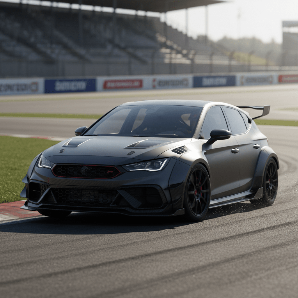 High-performance hatchback with sculpted lines and aero elements mid-turn on a sunlit track.