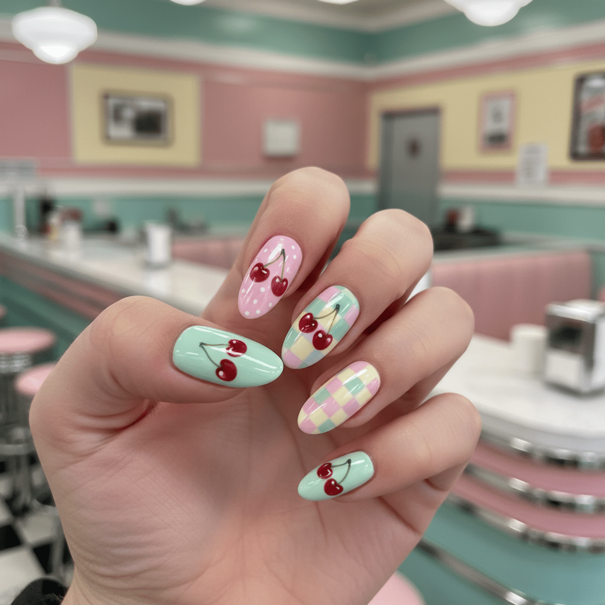 Pastel ice cream manicure with glossy cherry motifs and polka dots on retro backdrop.