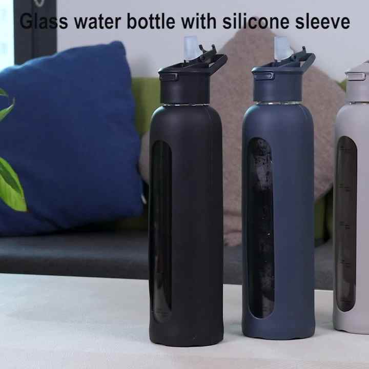 24oz Glass Motivational Water Bottle with Flip Lid Straw, Silicone  Protective Sleeve, Handle, Reusable BPA Free