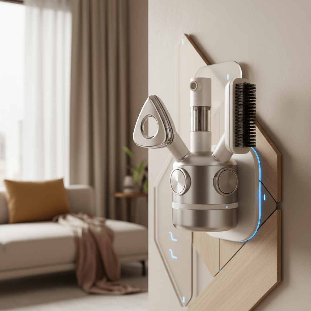 Modular ironing machine with interchangeable heads on a wall charging dock.