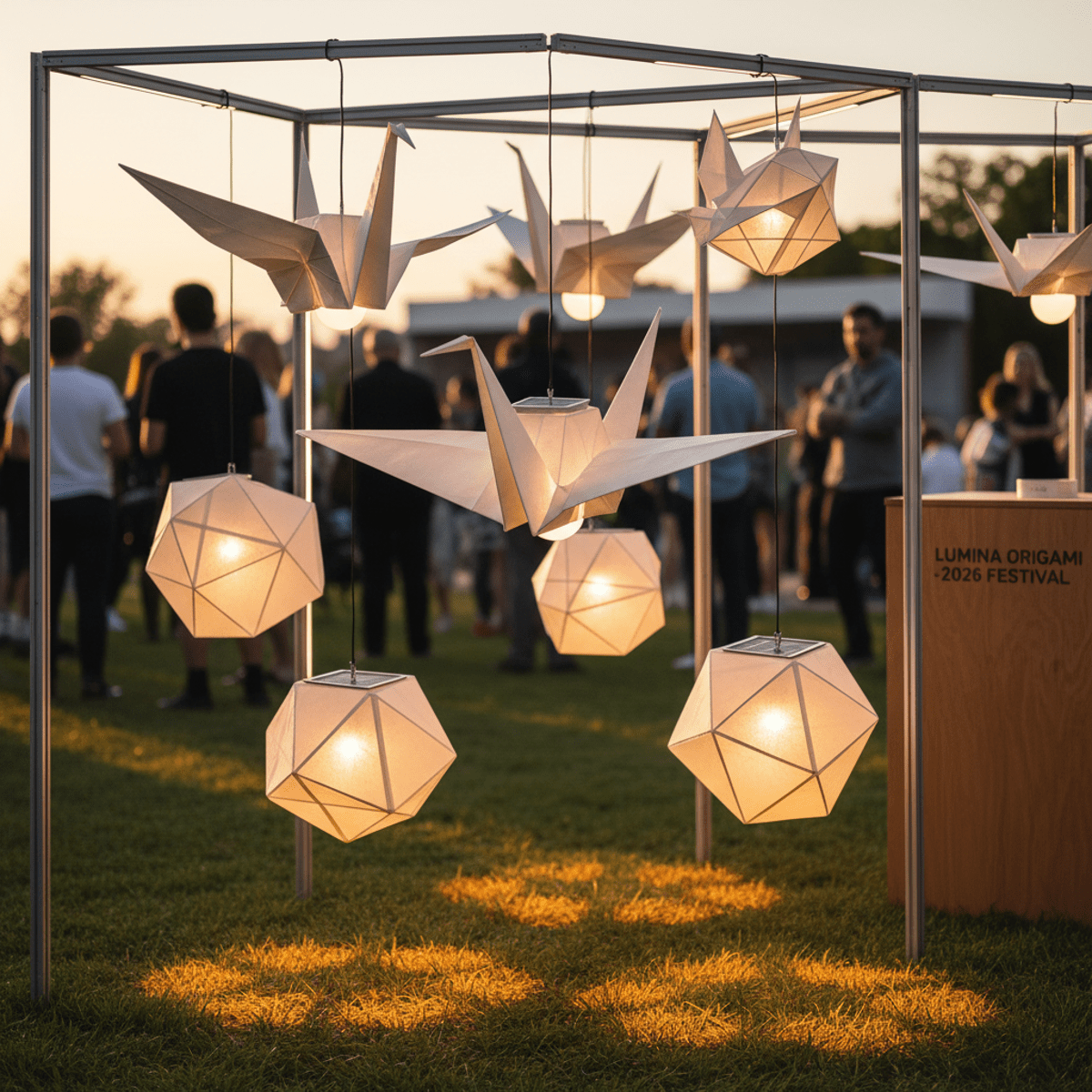 Origami solar lanterns shaped like cranes and polyhedra illuminate a festival at golden hour.