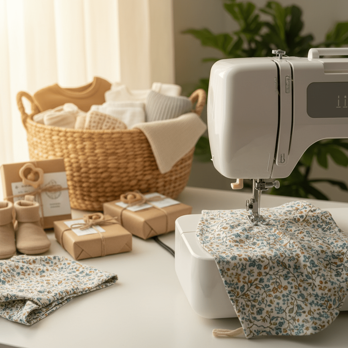 Sewing a vintage baby bonnet on a white desk with delicate stitches.
