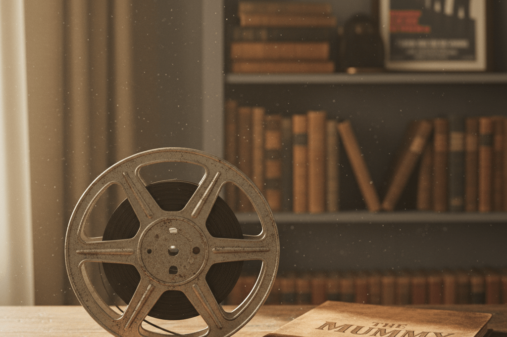 Medium shot of a classic film reel on a wooden desk bathed in natural light, evoking cinematic legacy and strategic franchise revival