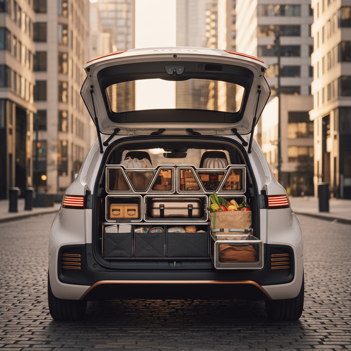 Subcompact car trunk open, showing modular cargo system and organized compartments.