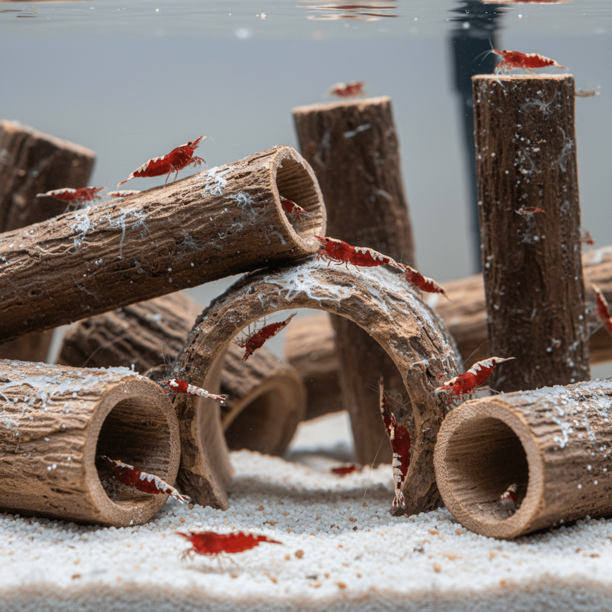 Nano aquarium with cholla wood, sand, and vibrant cherry shrimp.