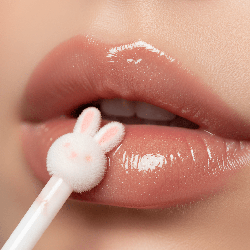 Macro shot of a bunny tongue applicator swiping peachy-pink plumped lips with glossy finish.