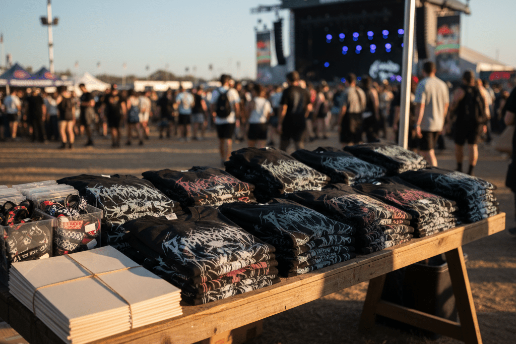 Festival merchandise booth with generic rock t-shirts and wristbands under warm sunlight