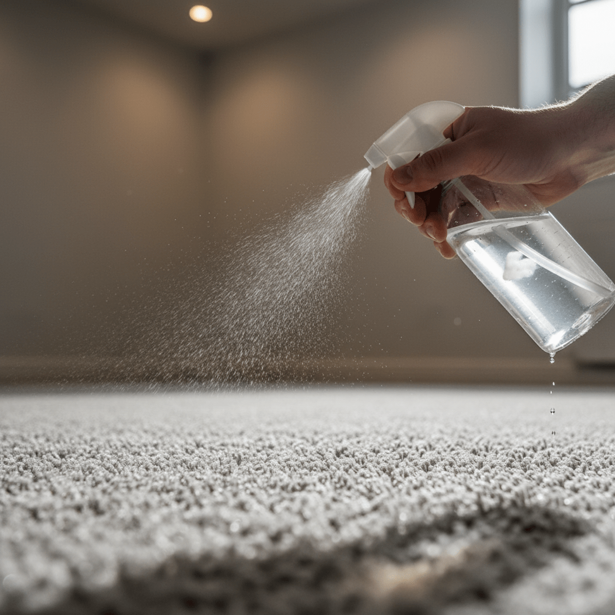 Hand misting revitalized carpet with vinegar and water solution, showing plush fibers.