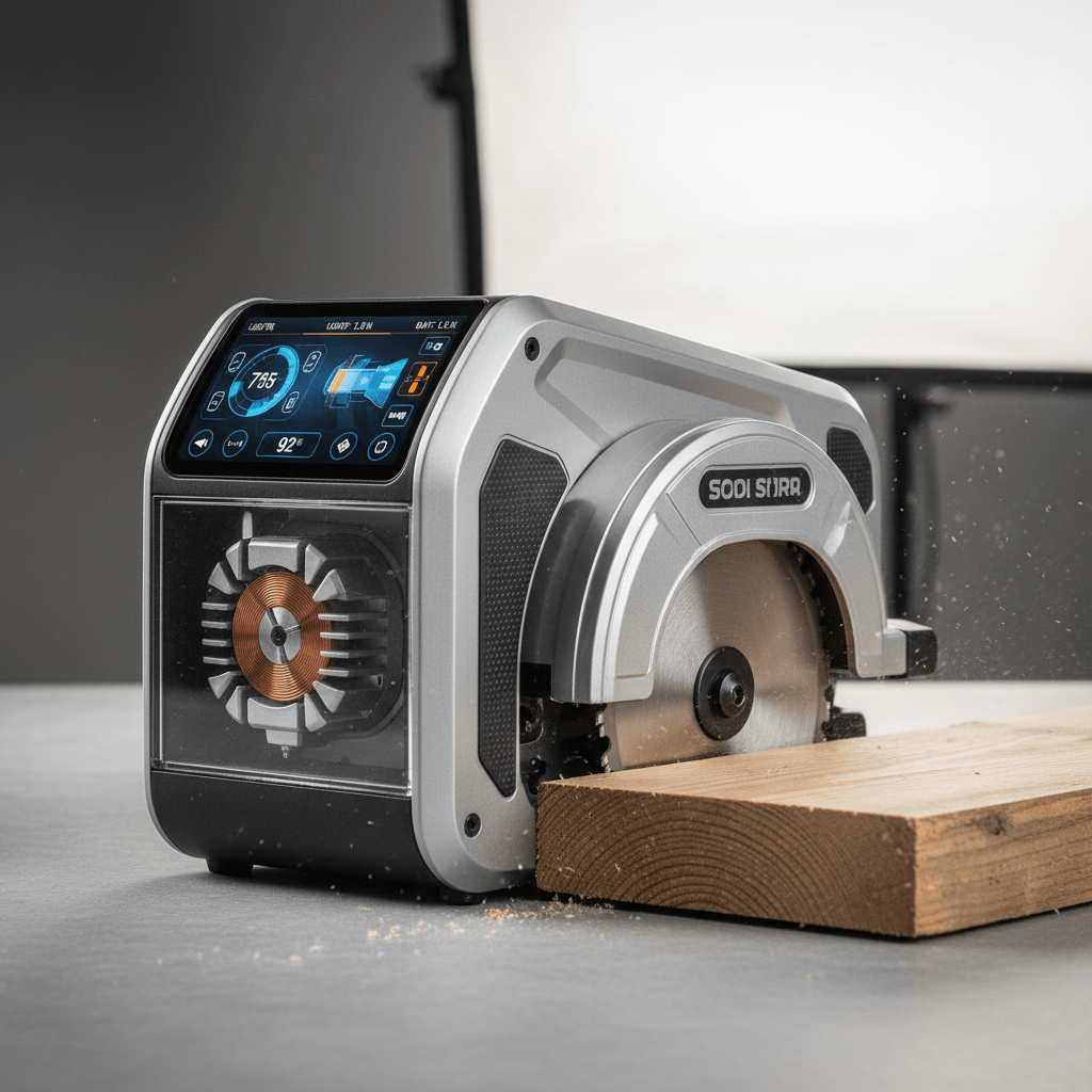 Sleek cordless table saw cutting pine with a futuristic control panel.
