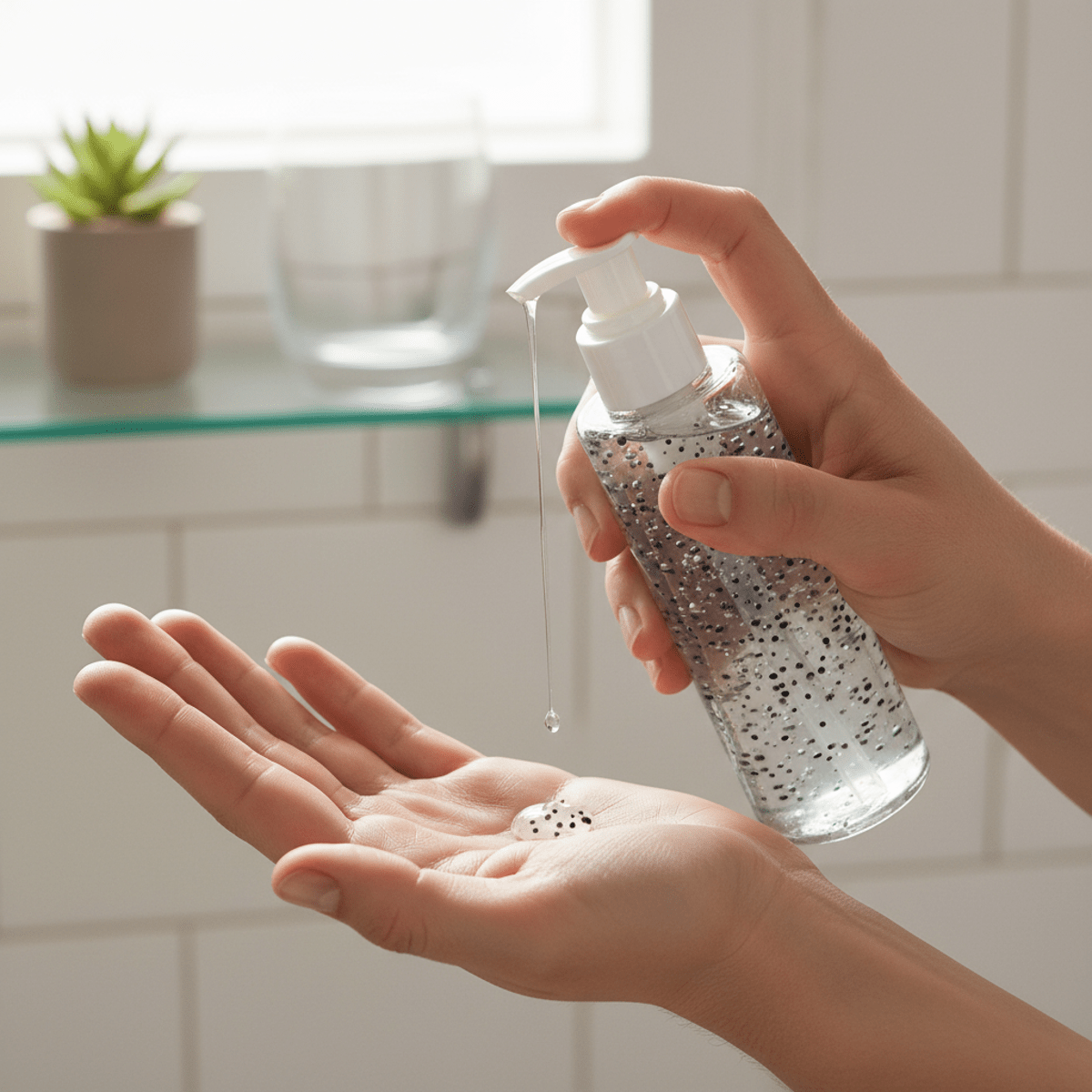 Hands gently applying charcoal face wash with visible spheres to smooth, glowing skin.