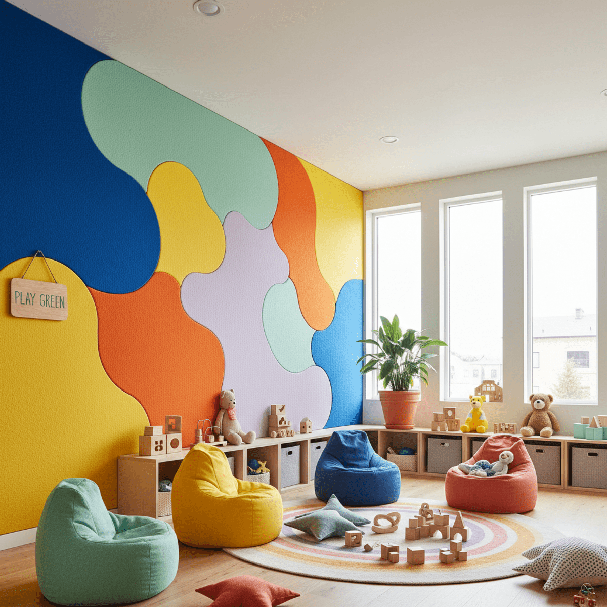 Organic PET felt wall panels in a vibrant children's playroom. Modern playroom wall panels featuring bold, organic PET felt shapes in vibrant colors.