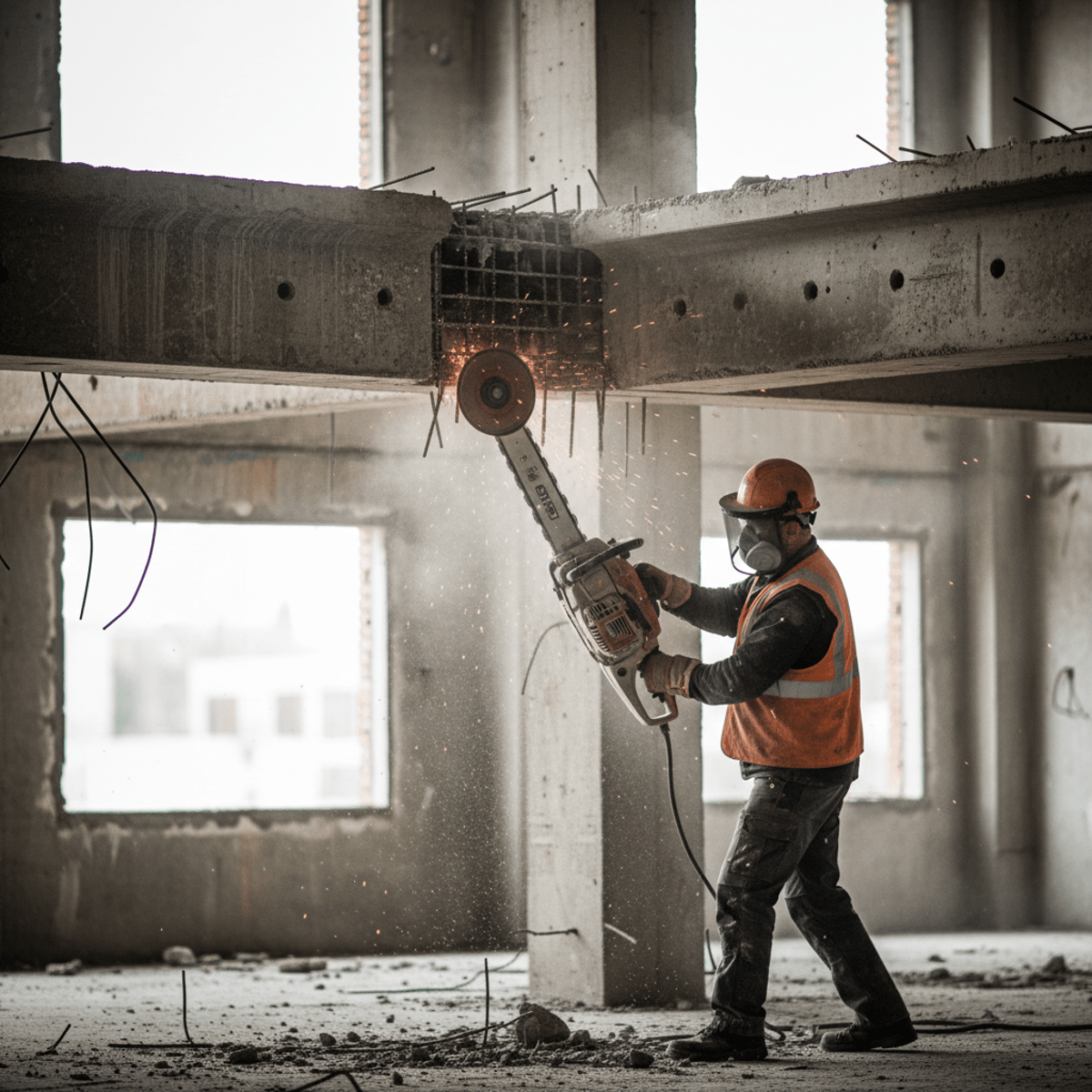 Worker cuts reinforced concrete beam with chainsaw, dust fills urban interior.