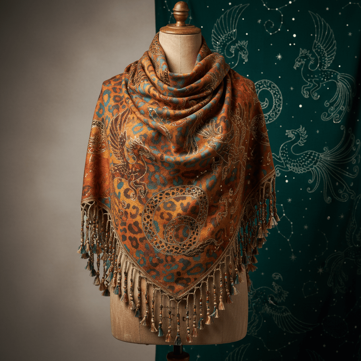 Bohemian scarf with celestial serpents and phoenixes in batik patterns.