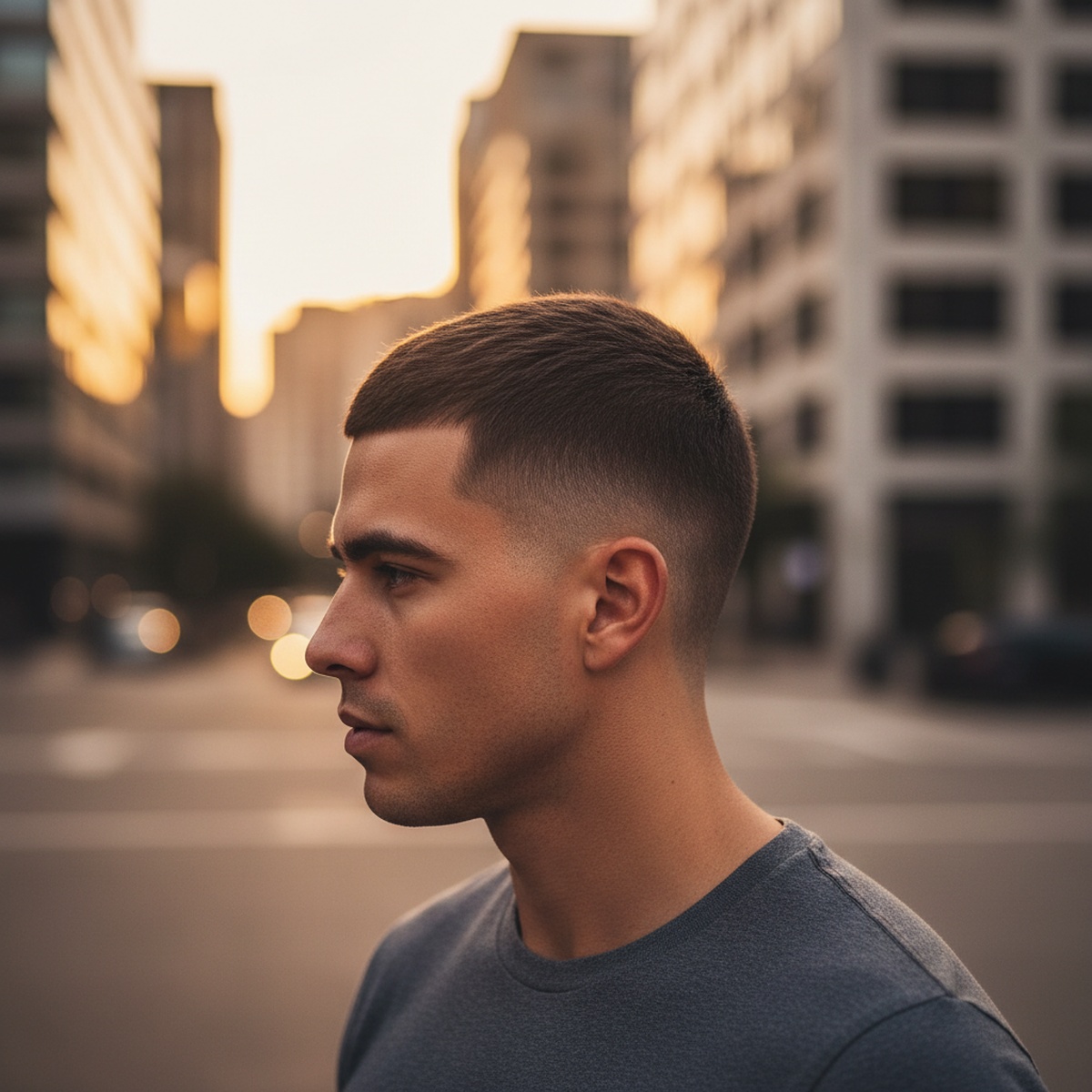 Man with sharp buzz cut and lineup in golden hour urban light.