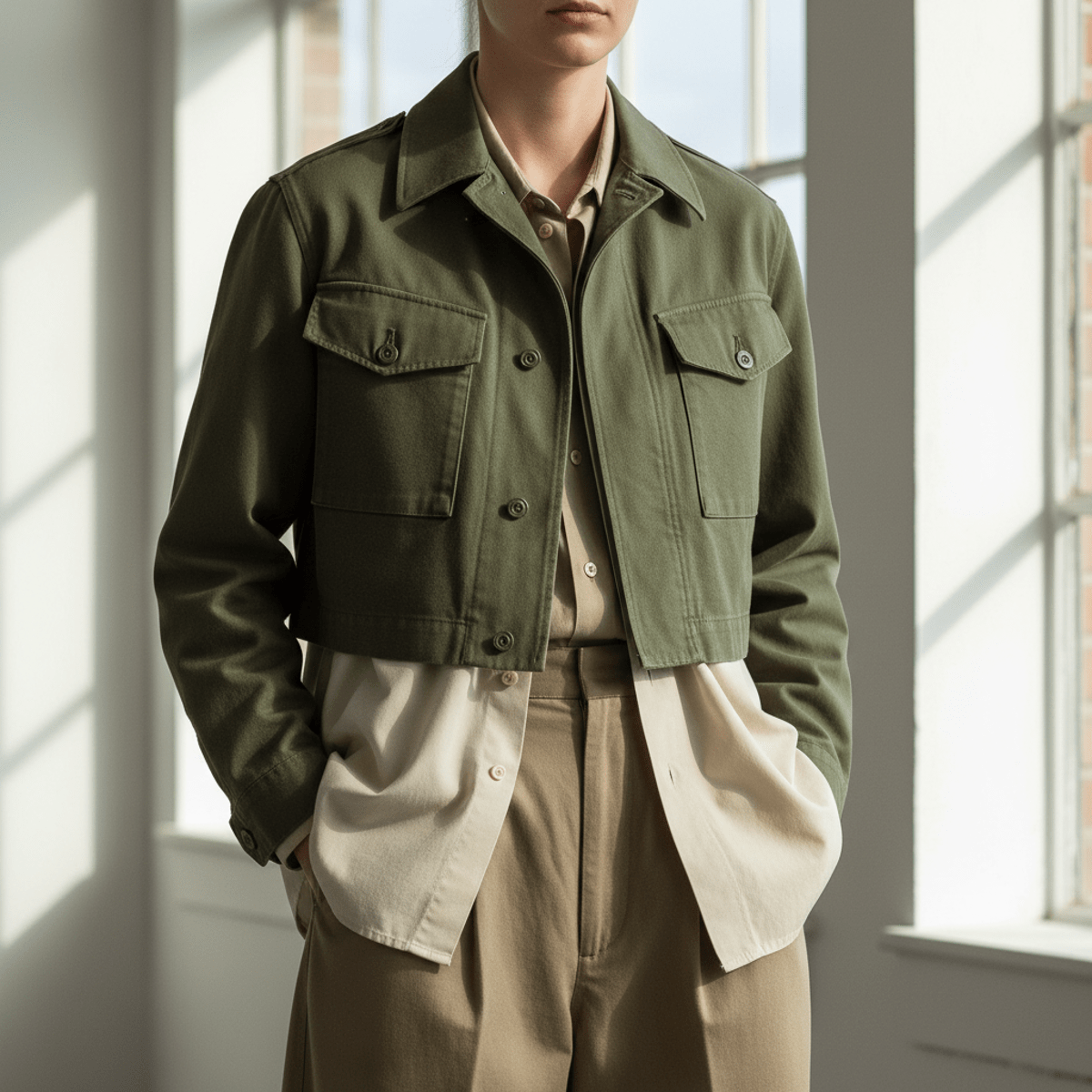 Modern-minimalist combat jacket and trousers in olive and khaki tones.
