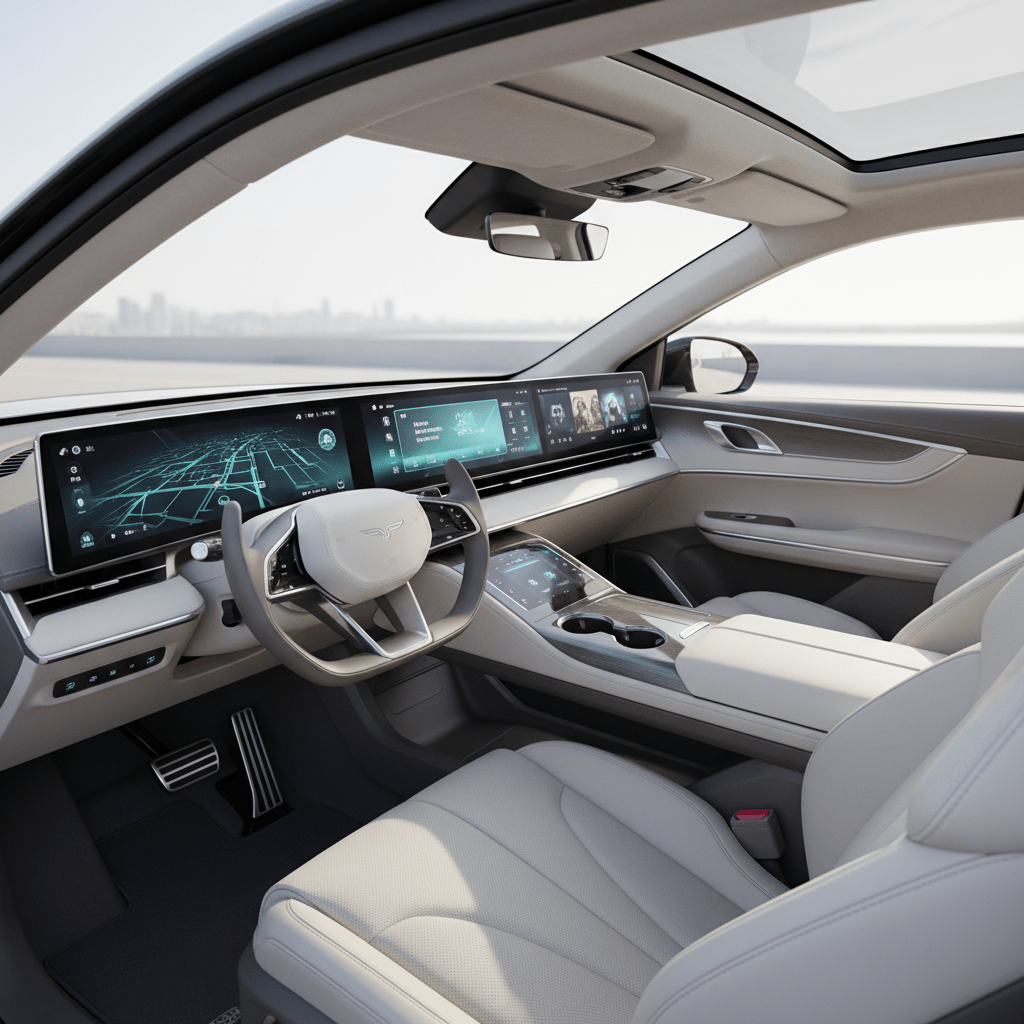 Futuristic SUV cockpit with panoramic glass and digital displays. Spacious futuristic SUV interior with panoramic glass cockpit and minimalist dashboard.