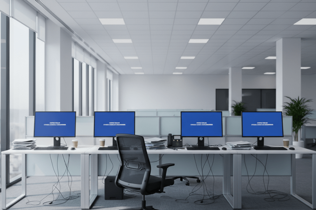 Photorealistic depiction of an unoccupied office desk with error screens and scattered documents, representing systemic breakdown and accountability issues