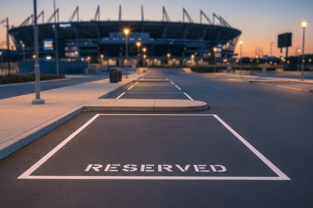 Vacant reserved parking space near a stadium lit by streetlamps, symbolizing high-demand event mobility solutions