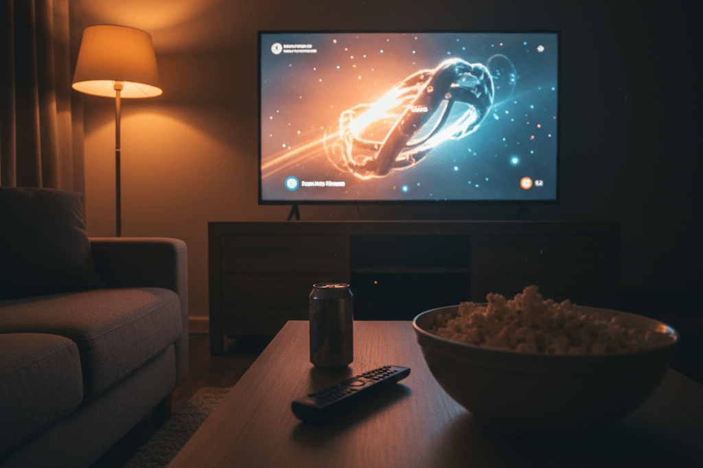 Medium shot of a living room at night with TV glowing faintly, showing abstract cinematic graphics, ambient lamp light, remote and snacks on table