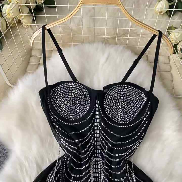 Summer Y2K Slim Casual Midi Dress for Women Sleeveless Tassel Lace Dress  Black