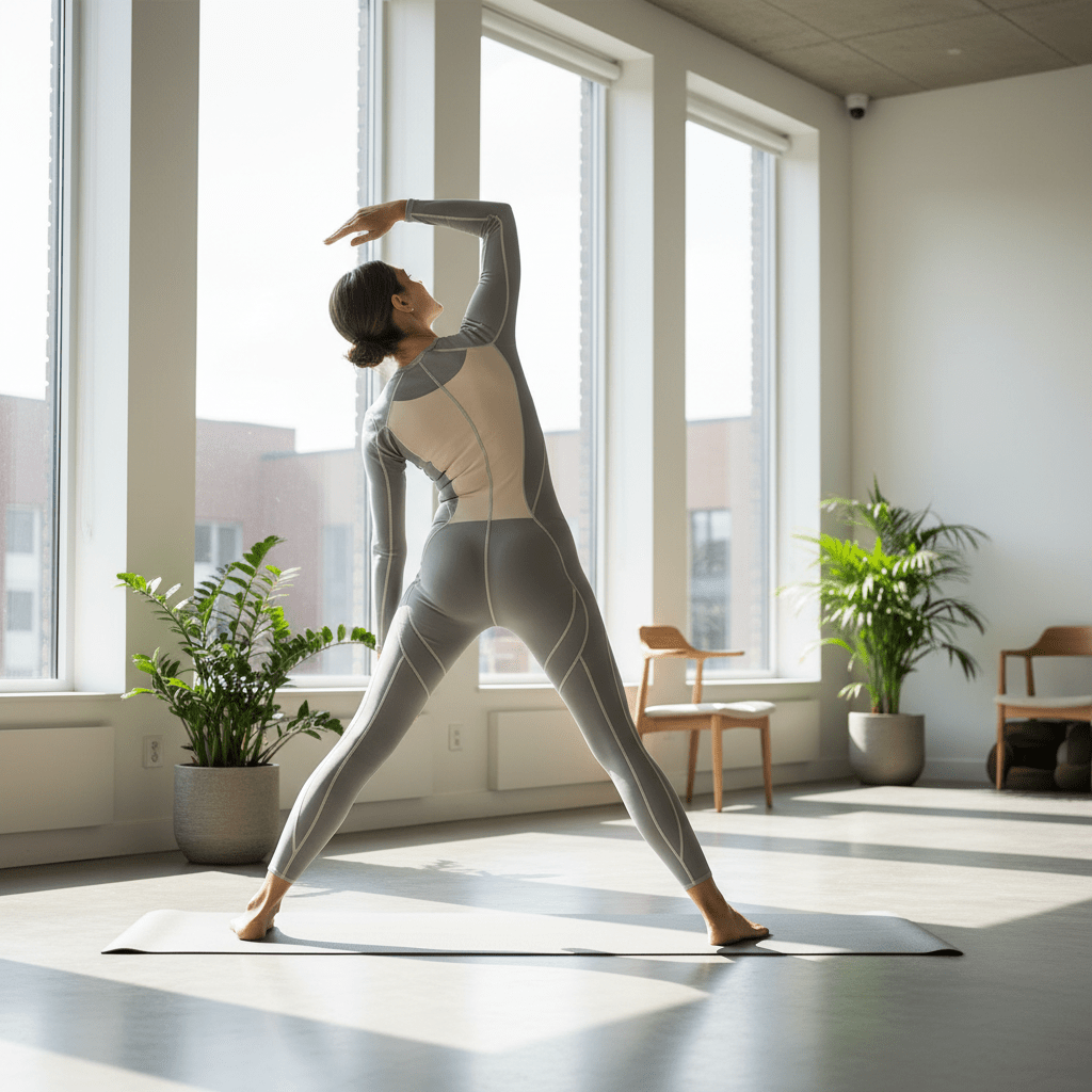 Patient in therapeutic garment with dyneema fabric doing rehab in a bright studio.