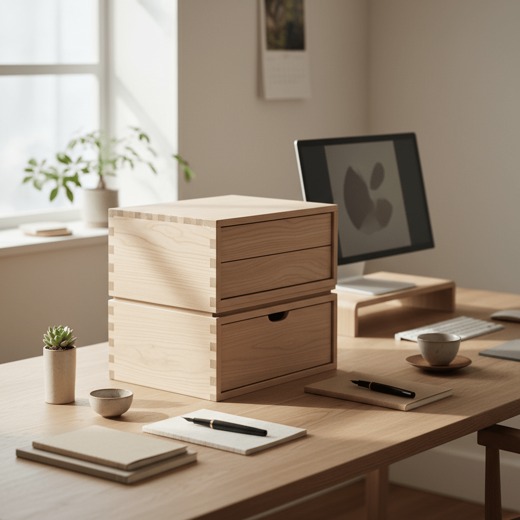 Serene workspace with stackable Paulownia wood storage box, Japanese-Scandinavian design.