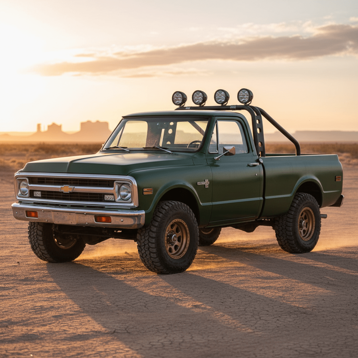 Classic off-road pickup truck with modern LEDs parked in desert at sunset.