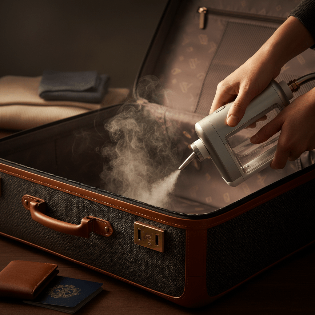 Hands meticulously treat suitcase seams with a compact bed bug steamer, highlighting steam.