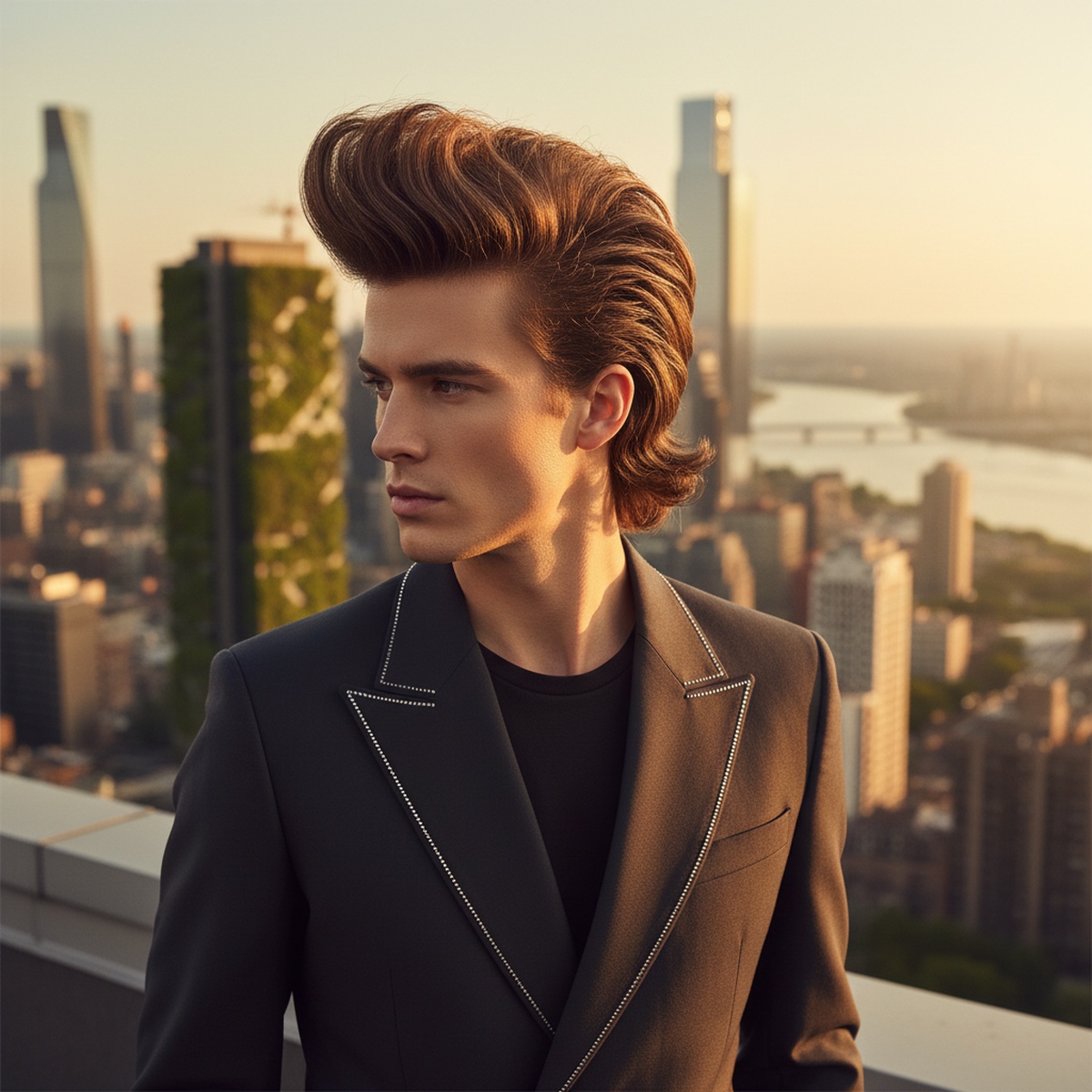Man with voluminous quiff hairstyle on urban rooftop at golden hour.