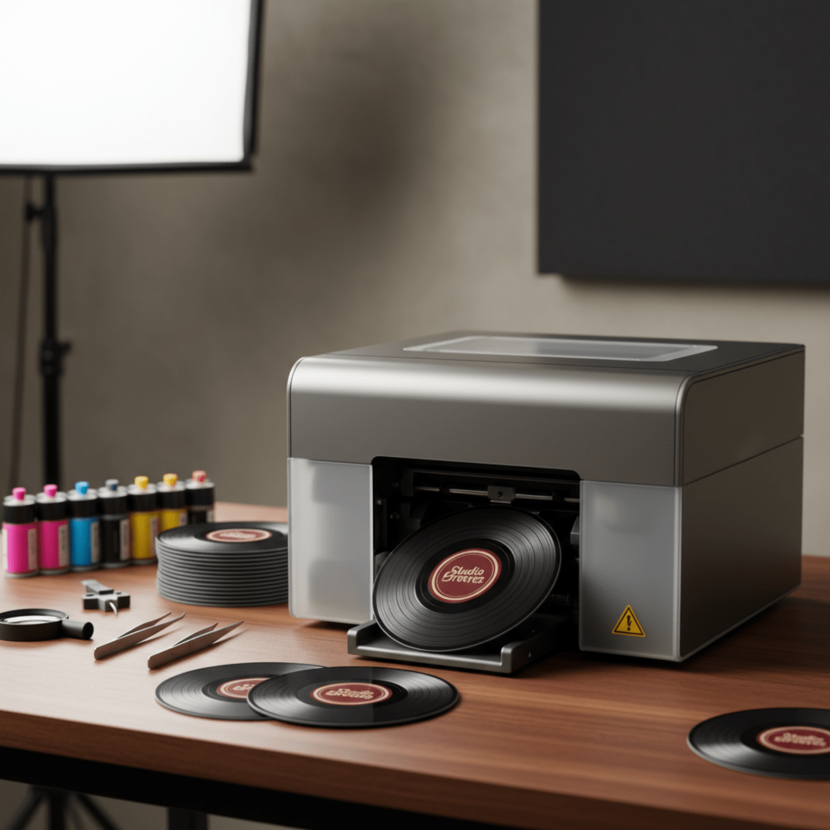 High-end CD printer creating miniature vinyl-style discs with realistic grooves.