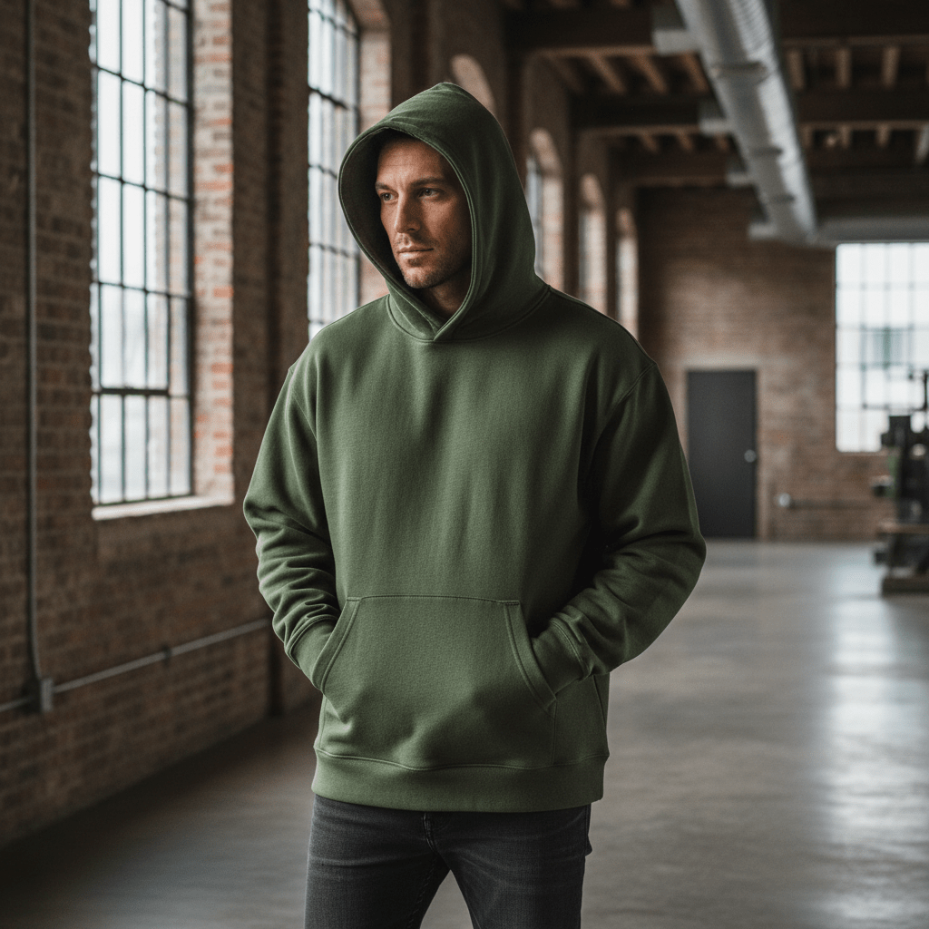 Heavyweight olive green cotton fleece hoodie on male model in loft.