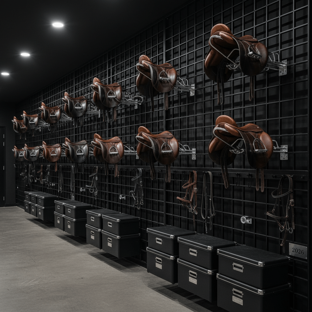 Matte black steel grid system with leather saddles and storage in a training facility.