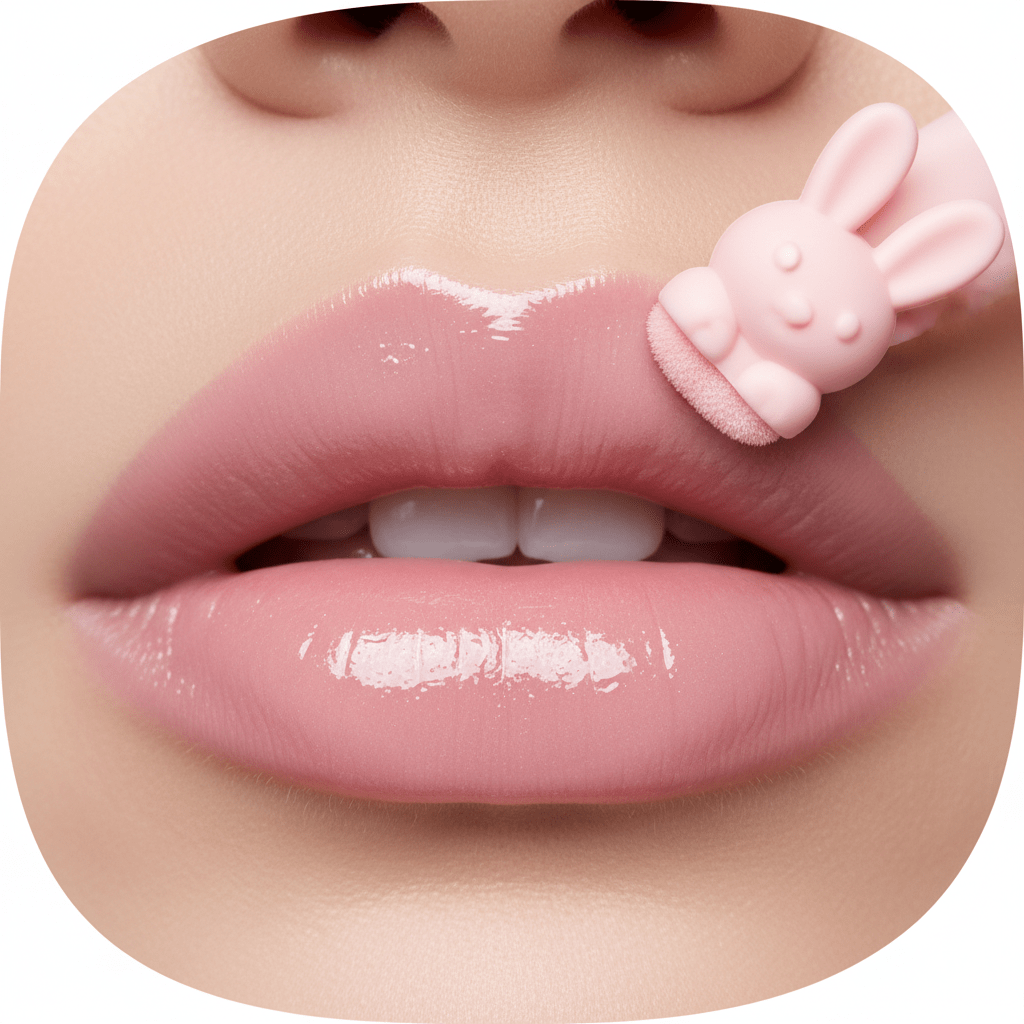Macro shot of bunny tongue lip gloss application, creating a plump, smooth, pastel pink lip.