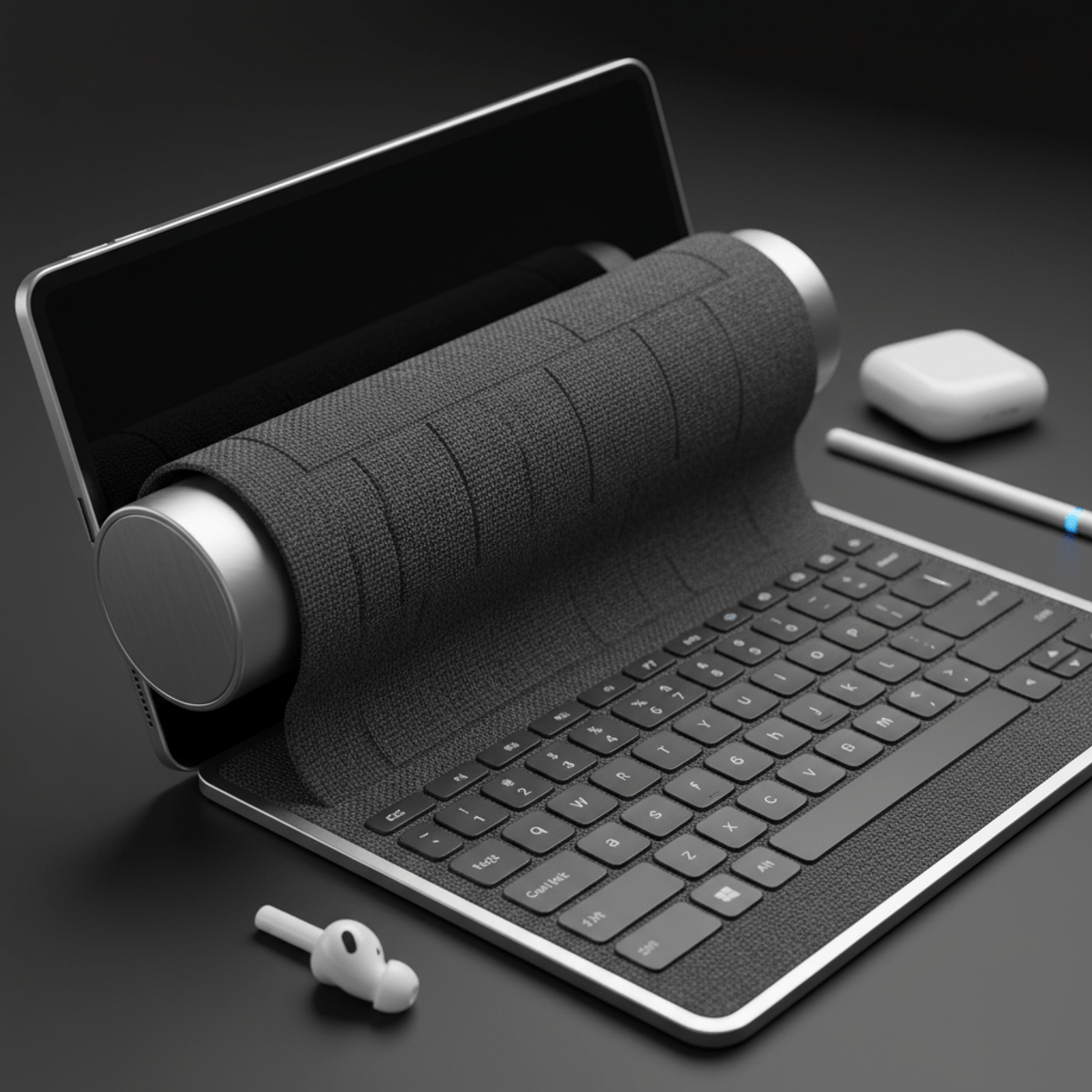 Futuristic tablet with a flexible fabric keyboard extending from its cylindrical housing.