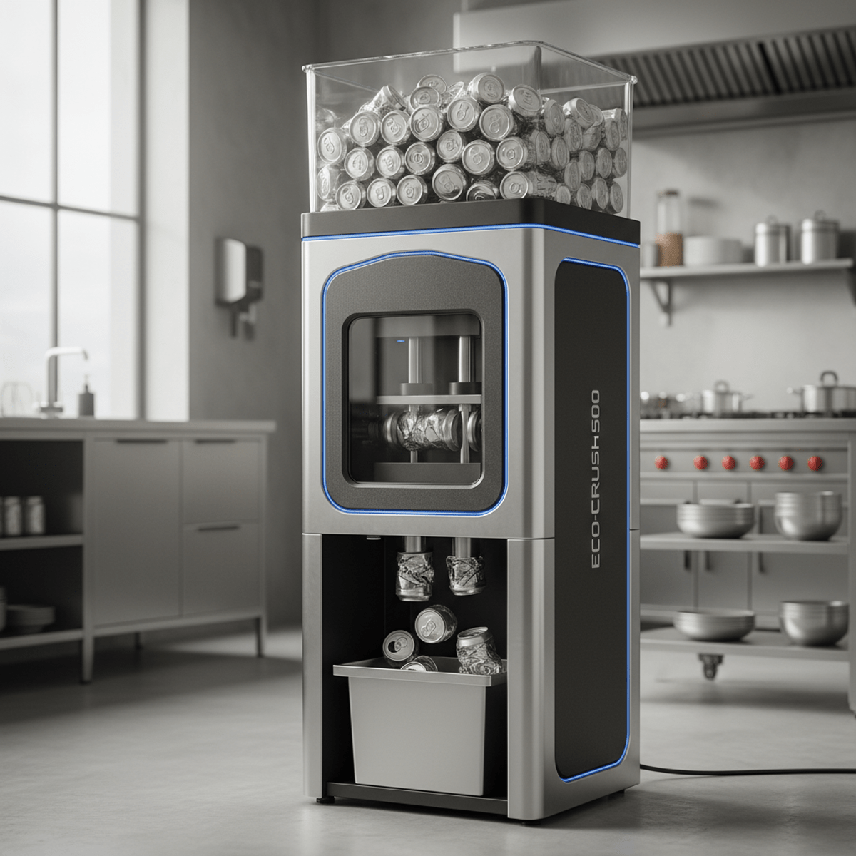 Vertical electric can crusher in a modern kitchen crushing aluminum cans.