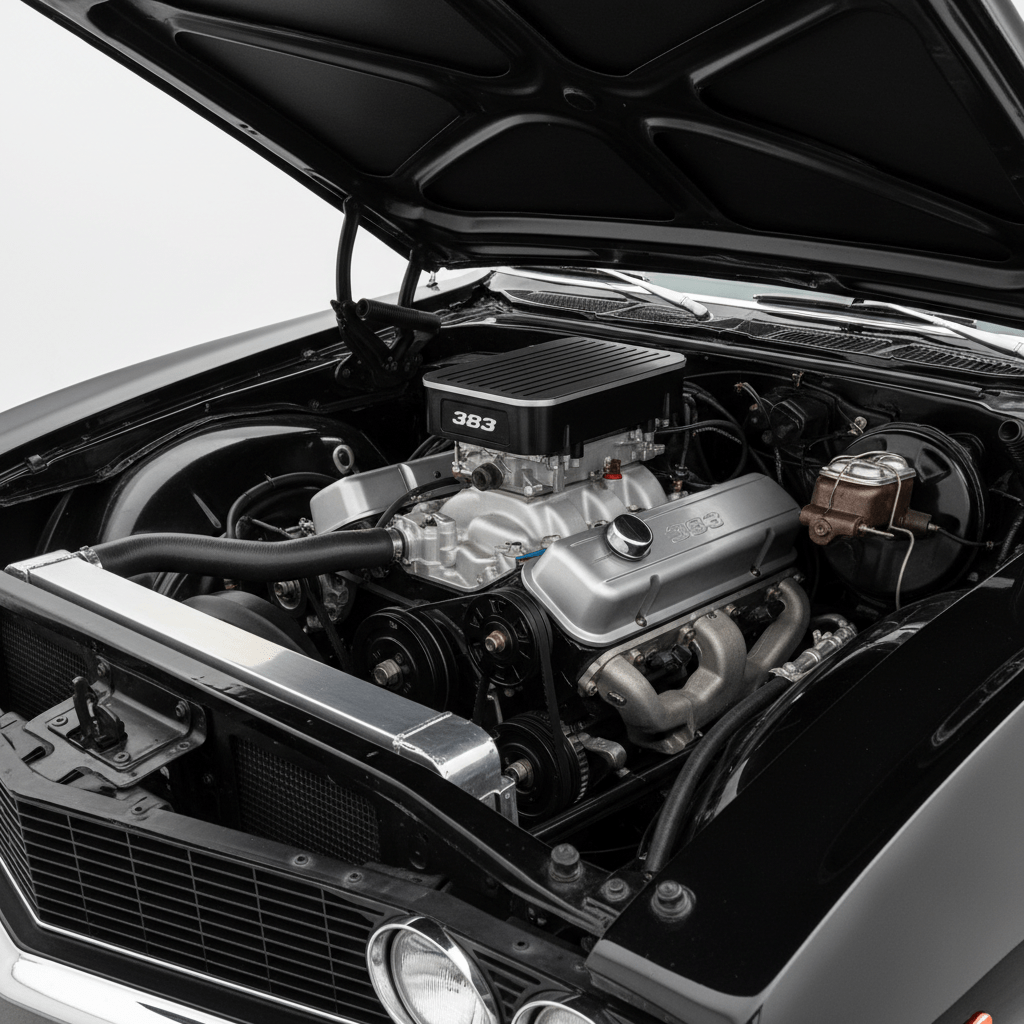 Pristine 1969 muscle car engine bay with a hidden modern EFI system.
