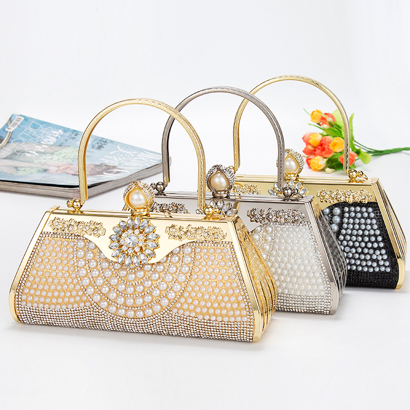 Fashion women trapezoid pearl decorative bags beaded clutches diamond handbags