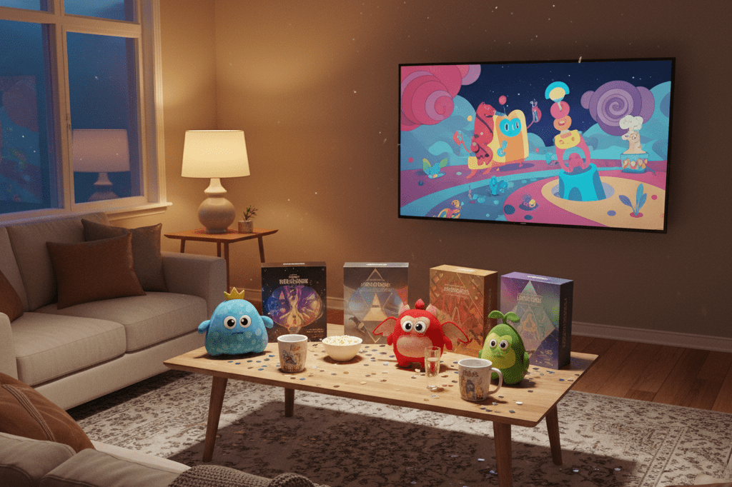 Cozy living room with TV playing cartoon and collectibles on coffee table under ambient light