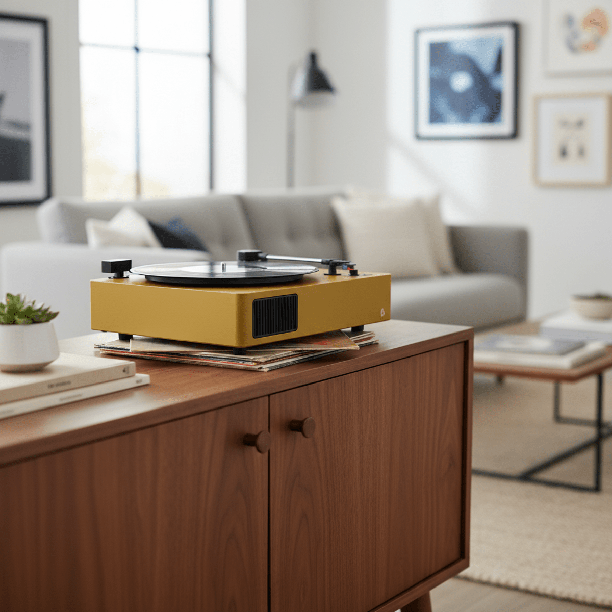 Mustard yellow LP player on a mid-century wooden credenza Sleek mustard yellow LP player on a mid-century wooden credenza in a modern living room.