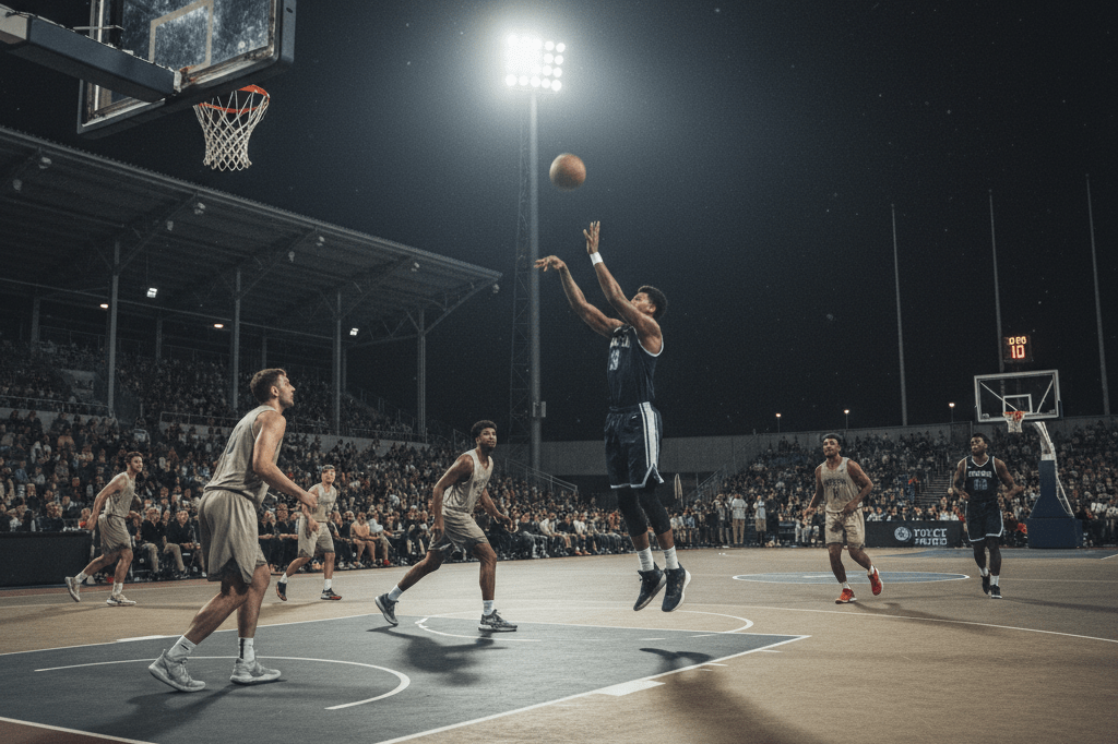 Wide-angle view of a player mid-shot on a lit basketball court, capturing competitive intensity and strategic gameplay