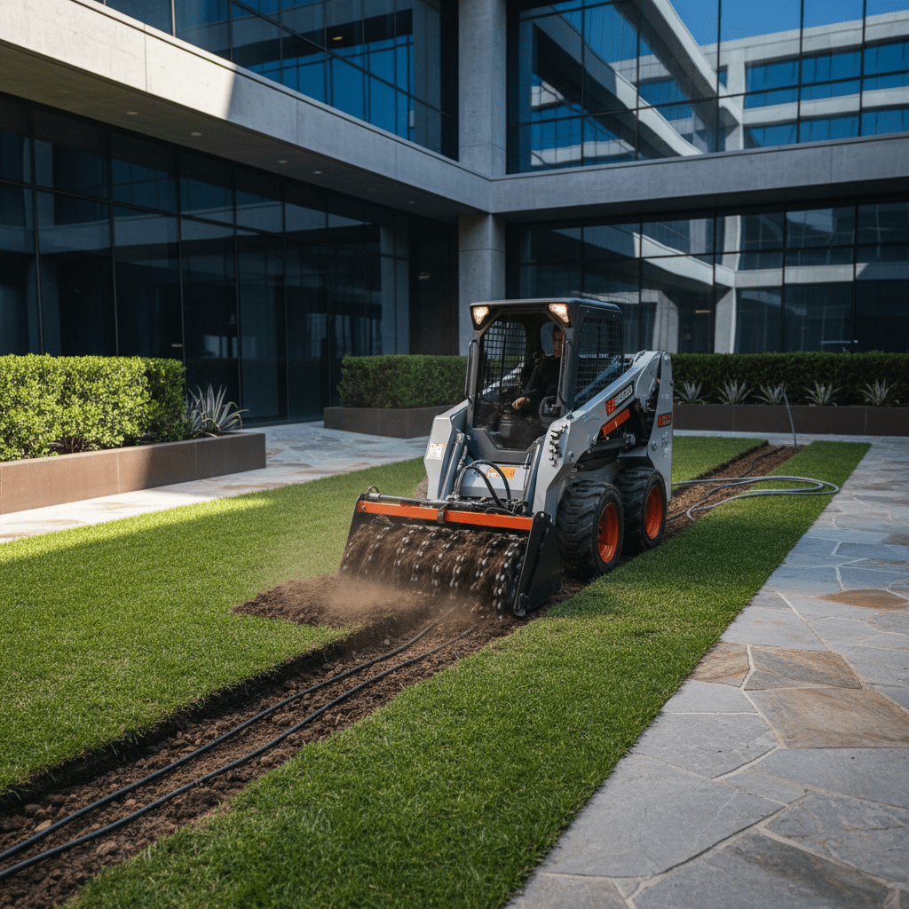Mini skid steer with trencher attachment creating channels in a modern courtyard.