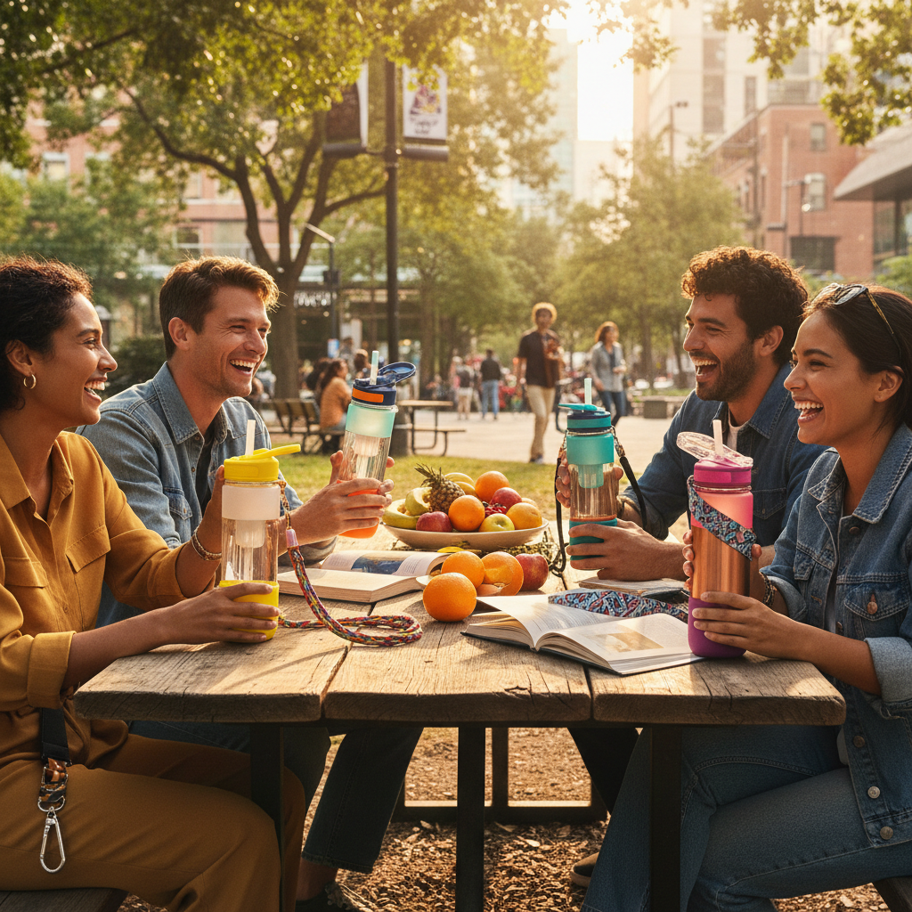 Friends enjoy a sunny park picnic with personalized modular water bottles and vibrant accessories.